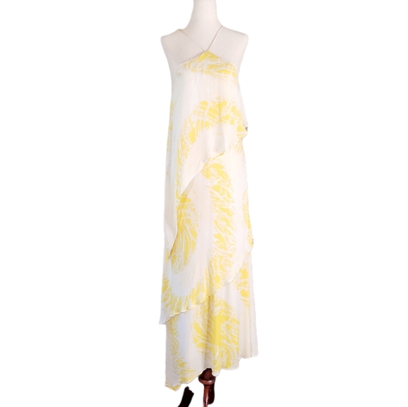 Halston Heritage Pure Silk Tiered Halter Maxi Dress in Yellow Ivory S - Picture 5 of 13